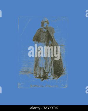 Un personaggio si staglia su uno sfondo testurizzato, vestito con abiti d'epoca con un mantello e un cofano, tenendo in mano una borsa. La postura suggerisce un senso di contemplazione o di posizione, evidenziato da ombre contrastanti. La Mère Gérard, 1858, James McNeill Whistler, americano, 1834-1903, Stati Uniti, incisione in inchiostro nero su carta bianca cinese su carta bianca tessuta (chine collé), 128 x 89 mm (piastra), 215 x 169 mm (foglio) Arte classica con un tocco moderno reinventata da Artotop Foto Stock