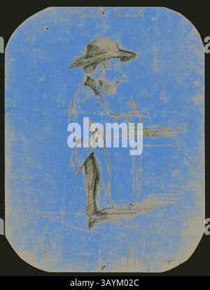 Uno schizzo di un uomo barbuto con un cappello a tesa larga, in piedi di profilo con un'espressione premurosa, mentre si appoggia su un tavolo. Lo sfondo presenta una vivace tonalità blu che crea un contrasto sorprendente con la figura. La firma in basso suggerisce un tocco artistico alla rappresentazione. Caricatura di un uomo nel cappello piccolo, 1855/56, Claude Monet, francese, 1840-1926, Francia, grafite su carta di tessuto crema preparata commercialmente (scolorita per abbronzatura), 198 x 149 mm arte classica con un tocco moderno reinventata da Artotop Foto Stock
