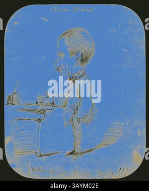 Una caricatura stravagante di un uomo in tuta con un papillon, che si dirige verso una scrivania che regge una piccola tazza. La figura ha un profilo esagerato e un'espressione premurosa, accompagnata da una nota scritta a mano che suggerisce un commento giocoso sulla posa e l'ambientazione del personaggio. Caricatura di un uomo in piedi per scrivania (recto), Sketch of male Head in Profile (verso), 1855/56, Claude Monet, francese, 1840-1926, Francia, grafite (recto e verso) su carta di avorio (scolorita per abbronzatura), 203 x 166 mm arte classica con un tocco moderno reinventata da Artotop Foto Stock