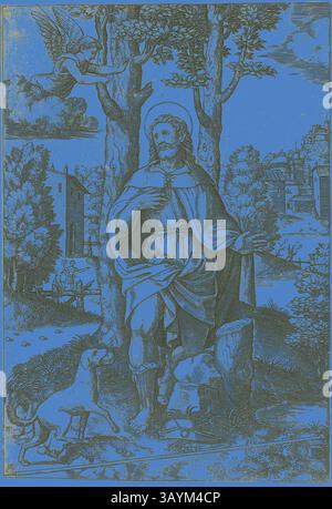 Una figura serena si erge tra gli alberi, tenendo in mano un bastone, accompagnato da un cane. Un angelo si libra sopra, mentre un lontano villaggio fa da sfondo, raffigurando una scena di tranquillità e natura. San Roch, c. 1532, Maestro del Die (italiano, attivo c. 1530-1560), dopo Raffaello Sanzio, chiamato Raffaello (italiano, 1483-1520), Italia, incisione in nero su carta, 205 x 140 mm (foglio) Arte classica con un tocco moderno reinventata da Artotop Foto Stock