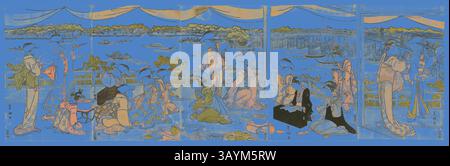 Una scena vivace raffigura varie figure impegnate in attività lungo un tranquillo lungomare. Abbigliamento tradizionale e dettagli intricati mettono in risalto una celebrazione culturale, mentre un pittoresco paesaggio di barche e strutture lontane aggiunge un'atmosfera tranquilla. Recital su una veranda che si affaccia sul fiume Sumida, c. 1790/95, Utagawa Toyokuni i 初代 歌川 豊国, giapponese, 1769–1825, Giappone, stampa a blocchi di legno a colori, pentaptico oban, ogni foglio circa 38,7 x 25,4 cm (15 1/4 x 10 pollici) Arte classica con un tocco moderno reinventata da Artotop Foto Stock