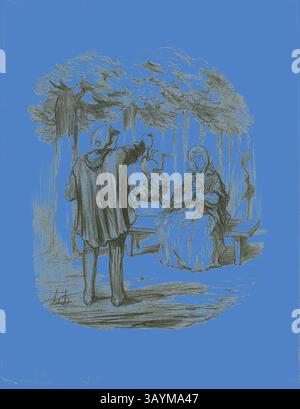 Una figura a camicia si erge davanti a una donna seduta in un ambiente tranquillo all'aperto, presentandola con una piccola creatura, mentre gli alberi fanno da sfondo. La scena cattura un momento di curiosità e intrigo tra i due personaggi. E' questo il vostro cane qui?, piatto 20 di Tout CE Qu'on Voudra, 4 novembre 1847, Honoré Victorin Daumier, francese, 1808-1879, Francia, litografia in carta nera su tessuto bianco, 267 x 228 mm (immagine), 360 x 278 mm (foglio) Arte classica con un tocco moderno reinventata da Artotop Foto Stock