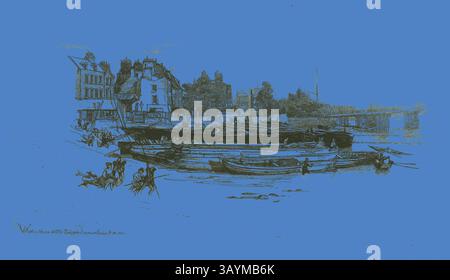 Una vivace scena lungo il fiume cattura le barche costeggiate lungo una riva, con strutture e alberi sullo sfondo. Le persone si impegnano in attività sulla terra e sull'acqua, creando un'atmosfera vivace che ricorda un porto storico. Whistler’s House, Old Chelsea, 1863, Francis Seymour Haden, inglese, 1818-1910, Inghilterra, incisione con punta a secco su carta giapponese avorio, 176 x 333 mm (immagine/piastra), 204 x 355 mm (foglio) Arte classica con un tocco moderno reinventata da Artotop Foto Stock