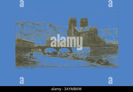 Una vivace scena lungo il fiume presenta una grande cattedrale con torreggianti guglie, circondata da barche e carrozze trainate da cavalli. Le persone si riuniscono lungo il bordo dell'acqua sotto un cielo pittoresco, creando un'atmosfera vivace. L'abside di Notre-Dame, Parigi, 1854, Charles Meryon, francese, 1821-1868, Francia, carta posata in avorio per incisione e punta a secco, 166 x 302 (immagine, inclusi segni vaganti), 165 x 300 mm (piastra), 236 x 363 mm (foglio) Arte classica con un tocco moderno reinventata da Artotop Foto Stock