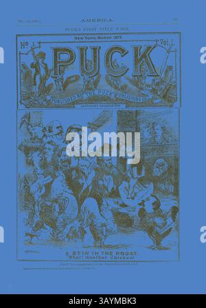 Un vivace cartone animato politico con vari personaggi e scene, che raffigura satiricamente un incontro caotico. L'illustrazione cattura un mix di emozioni e interazioni, evidenziando le questioni sociali del tempo con umorismo e critica. Il titolo enfatizza un agitazione metaforica, suggerendo disordini tra figure di spicco. A Stir in the Roost, from America, pubblicato il 12 dicembre 1889, originariamente pubblicato a Puck il 18 marzo 1876, Joseph Keppler, American, 1638-1894, Stati Uniti, litografia su carta da giornale, 300 x 206 mm, The One Man Power in Our Jury System, da Puck, pubblicato il 10 febbraio Foto Stock