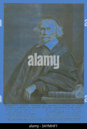 Un uomo distinto in abiti d'epoca si siede elegantemente, mostrando un'espressione premurosa. È adornato da un colletto con volant e un mantello che scorre, con una pila di libri che riposano accanto a lui. Lo sfondo presenta un testo inciso, forse delineando il suo nome e i suoi risultati, aggiungendo un contesto storico al ritratto. Robert Junius, n.d., Cornelis Visscher, il Vecchio, fiammingo, c. 1520-1586, Olanda, incisione su carta Arte classica con un tocco moderno reinventata da Artotop Foto Stock
