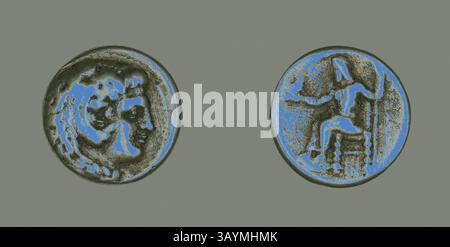 Un'antica moneta con disegni intricati: Un lato raffigura un leone e un volto umano, mentre l'altro mostra una figura seduta su un trono, forse raffigurante una divinità, adornata con un copricapo e che tiene in mano un bastone. I dettagli riflettono l'arte di un'epoca passata. Tetradrachm (moneta) raffigurante l'eroe Eracle, 336/323 a.C., greco, Macedonia, argento, diam. Arte classica da 2,5 cm, 11,15 g con un tocco moderno reinventata da Artotop Foto Stock