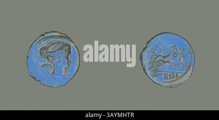Due antiche monete sono esposte fianco a fianco. Uno presenta un profilo di una figura classica, mentre l'altro mostra una raffigurazione di un carro trainato da cavalli accanto a intricate marcature. Denario (moneta) raffigurante la Dea Vittoria, 46 a.C., romano, coniato a Roma, Italia, argento, Diam. Arte classica da 2,1 cm, 4,13 g con un tocco moderno reinventata da Artotop Foto Stock