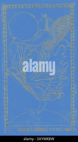 Una figura eterea con le ali regge con grazia un grande oggetto circolare, adornato con abiti che scorre elegantemente intorno a lei. La composizione presenta dettagli intricati e un tema celeste, suggerendo una connessione con il cielo. Lo sfondo esalta l'aura mistica che circonda la figura. L'Angelo della Nona sfera, o Primum Mobile, piatto 49 da pianeti e sfere, c. 1465, Maestro della serie e Tarocchi, italiano, attivo c. 1465, Italia, incisione in nero su carta posata abbronzata, 166 x 96 mm (immagine), 177 x 100 (piatto), 182 x 104 mm (foglio) Arte classica con un tocco moderno Foto Stock
