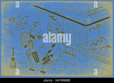 Due figure elegantemente vestite conversano su un balcone adornato con architettura tradizionale, circondato da delicati bamboo e paesaggi tranquilli, evocando un senso di fascino storico e ricchezza culturale. Gli attori Nakamura Takesaburo i nel ruolo di Kewaizaka no Shosho e Ichikawa Danjuro II nel ruolo di Soga no Goro nella commedia bando Ichi Kotobuki Soga, eseguita al Teatro Nakamura nel primo mese, 1715, 1715, Torii Kiyomasu i, giapponese, Active c. 1704–18 (?), Giappone, Woodblock print, o-oban yoko-e, sumizuri-e, 12 x 17 3/8 poll. Arte classica con un tocco moderno reinventata da Artotop Foto Stock