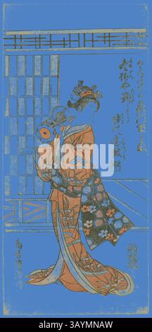 Una figura graziosa vestita con un kimono tradizionale, decorata con intricati motivi floreali, regge un oggetto circolare mentre si trova in un ambiente interno sereno. L'elegante calligrafia accompagna la scena, suggerendo un tema culturale o poetico. L'attore Hanagawa Ichinojo nel ruolo di Akane Gozen nella commedia Okunizome Shusse Butai, eseguita al Teatro Ichimura nell'undicesimo mese, 1759, 1759, Torii Kiyomitsu i, giapponese, 1735–1785, Giappone, Stampa a colori su blocchi di legno, hosoban, benizuri-e, 1/2 x 3/4 poll. Arte classica con un tocco moderno reinventata da Artotop Foto Stock