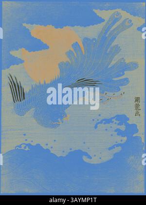 Un maestoso uccello con piume fluenti si libra nel cielo, le sue ali si estendono con grazia sopra le onde stilizzate. Dietro di essa, una grande luna proietta un bagliore morbido, mentre le nuvole mostruose attraversano lo sfondo vibrante, creando una miscela armoniosa di natura e stile artistico. Phoenix Flying over Waves di fronte al Morning Sun, c. 1772, Isoda Koryusai, giapponese, 1735-1790, Giappone, stampa a blocchi di legno a colori, chuban, 27,2 x 20,2 cm (10 3/4 x 7/8 pollici) Arte classica con un tocco moderno reinventata da Artotop Foto Stock