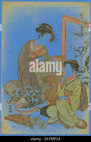 Due donne vestite con indumenti tradizionali si impegnano in un momento sereno circondato dalla natura. Una donna sta organizzando delicatamente fiori, mentre l'altra osserva con un sorriso dolce. Un paesaggio caratterizzato da alberi e' sottilmente raffigurato sullo sfondo, migliorando l'atmosfera tranquilla. Il nono mese (Choyo), dalla serie A Fashionable Parody of the Five Festivals (Furyu yatsushi gosekku), c. 1776/81, Isoda Koryusai, Japanese, 1735-1790, Giappone, stampa a blocchi di legno a colori, chuban, 15 x 10 pollici Arte classica con un tocco moderno reinventata da Artotop Foto Stock