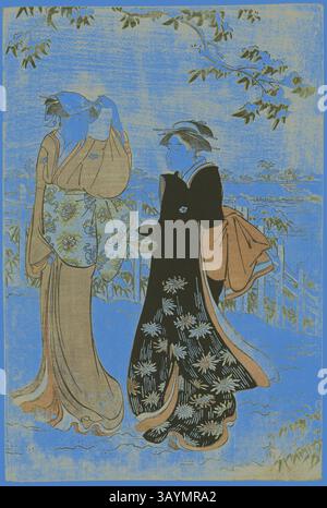 Due figure elegantemente vestite conversano in un paesaggio sereno, adornate con abiti tradizionali che mostrano motivi intricati. Una figura si muove con grazia tenendo in mano un accessorio delicato, mentre l'altra lo guarda, trasudando slancio e raffinatezza. Lo sfondo presenta un paesaggio morbido e fluente, che suggerisce un tranquillo ambiente rurale. Matsuchi Hill After Snowfall, c. 1785, Torii Kiyonaga, giapponese, 1752-1815, Giappone, stampa a blocchi di legno a colori, foglio a destra di dittico oban (foglio a sinistra: 1925,2655), 38,6 x 26,2 cm Arte classica con un tocco moderno reinventata da Artotop Foto Stock