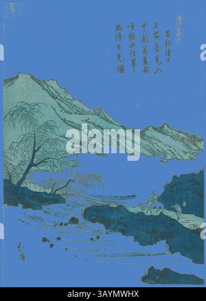 Un paesaggio tranquillo caratterizzato da dolci colline, acqua fluente e alberi delicati, che catturano una tranquilla scena della natura completata da una figura solitaria impegnata nella contemplazione. L'opera d'arte trasuda un senso di calma e armonia con l'ambiente, evidenziato da dettagli intricati e linee fluide. Illustrazione di una poesia cinese, dalla serie Picture Book of Chinese Poems (Toshi gafu no uchi), c. 1830/44, Totoya Hokkei, Japanese, 1780–1850, Giappone, stampa a blocchi di legno a colori, arte classica chuban con un tocco moderno reinventata da Artotop Foto Stock