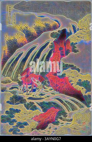 Un tranquillo paesaggio caratterizzato da cascate, circondate da rocce aspre e vivaci spruzzi di colore, evoca un senso di tranquillità e bellezza naturale. I dettagli intricati esaltano il flusso d'acqua, mentre la giustapposizione dei colori dà vita alla scena. Yoshitsune's Horse-washing Falls at Yoshino in Yamato Province (Washu Yoshino Yoshitsune uma arai no taki) dalla serie A Tour of Waterfalls in various Provinces (Shokoku taki meguri), c. 1833, Katsushika Hokusai 葛飾 北斎, Japanese, 1760-1849, Japan, Color Woodblock print, oban, circa 38,2 x 25,4 cm Arte classica con una Foto Stock