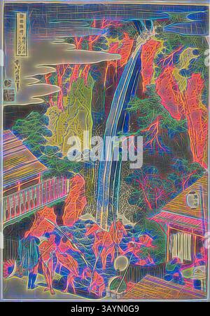 Una vibrante rappresentazione di un tranquillo paesaggio caratterizzato da una cascata circondata da alberi lussureggianti e architettura tradizionale, con figure che ammirano la bellezza naturale. Roben Falls at Oyama nella provincia di Sagami (Soshu Oyama Roben no taki), dalla serie A Tour of Waterfalls in various Provinces (Shokoku taki meguri), c. 1833, Katsushika Hokusai 葛飾 北斎, Japanese, 1760-1849, Japan, Color woodblock print, oban, circa 38,2 x 25,4 cm Arte classica con un tocco moderno reinventata da Artotop Foto Stock