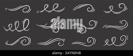 Icona del vettore di turbolenza dell'aria sulla lavagna. Movimento del vento di doodle disegnato a mano, soffio d'aria, elementi di doodle a turbolenza. Disegnare il movimento del soffio d'aria, l'onda del flusso di fumo, la linea astratta. Illustrazione vettoriale Illustrazione Vettoriale