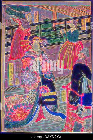 Una scena vibrante raffigurante figure in abiti tradizionali, con intricati motivi floreali e ricchi capi. Lo sfondo presenta un ponte e una vegetazione lussureggiante, che suggerisce un incontro culturale. I movimenti fluenti e le pose eleganti suggeriscono un'atmosfera festosa, probabilmente celebrando un'occasione speciale. Foto di un banchetto di persone delle cinque Nazioni alla Gankiro Teahouse (Gokakoku gankiro ni oite sakamori no zu), 1860, Ochiai Yoshiiku, giapponese, 1833–1904, Giappone, stampe in legno a colori, trittico oban arte classica con un tocco moderno reinventato da Artotop Foto Stock