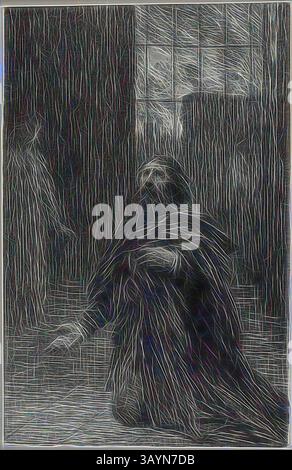 Una figura si inginocchia in un'atmosfera cupa, avvolto in abiti che scorrono, evocando un senso di contemplazione o dolore. Ombre e linee creano uno sfondo testurizzato, migliorando la profondità emotiva della scena. Rienzi, atto V: Rienzi’s Prayer, c. 1886, Henri Fantin-Latour, francese, 1836-1904, Francia, litografia su carta bianca cinese su carta bianca tessuta, 226 x 147 mm (immagine), 446 x 339 mm (foglio) Arte classica con un tocco moderno reinventata da Artotop Foto Stock