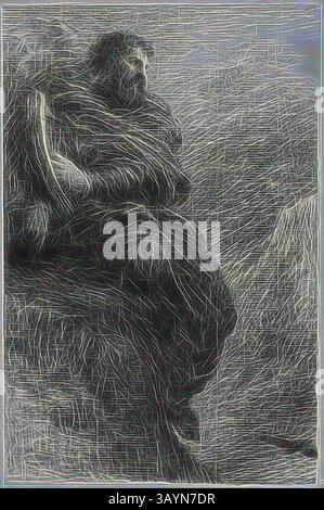 Una figura premurosa è seduta con un'espressione contemplativa, avvolta da indumenti testurizzati, circondata da un senso di profondità e ombre, evocando un'atmosfera di introspezione. Harold in Italy: In the Mountains, 1888, Henri Fantin-Latour, francese, 1836-1904, Francia, litografia in nero su carta cinese grigio chiaro su carta bianca tessuta, 230 x 153 mm (immagine), 337 x 219 mm (foglio) Arte classica con un tocco moderno reinventata da Artotop Foto Stock