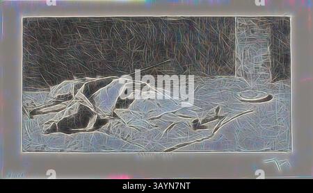 Un panno bianco sgualcito giace su una superficie testurizzata, con un debole contorno di un oggetto sullo sfondo che aggiunge un elemento di mistero, evocando un senso di calma e contemplazione. La luce soffusa proietta ombre delicate, migliorando l'atmosfera generale. Dead Kabyle, n.d., Mariano José María Bernardo Fortuny y Carbó, spagnolo, 1838-1874, Spagna, incisione su carta, 210 x 400 mm grafica classica con un tocco moderno reinventata da Artotop Foto Stock