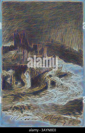 Un paesaggio marino spettacolare cattura le onde tumultuose che si infrangono contro le scogliere scoscese sotto un cielo tempestoso, evocando un senso di natura selvaggia e potenza in natura. Lightning, 1868, Charles Courtry (francese, 1846-1897), dopo Georges-Victor Hugo (francese, 1867-1925), Francia, incisione in marrone su carta tessuta avorio, 217 x 145 mm (piatto), 387 x 265 mm (foglio) Arte classica con un tocco moderno reinventata da Artotop Foto Stock