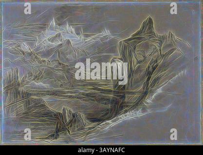 Un paesaggio surreale presenta picchi frastagliati e formazioni rocciose, intrecciate con texture vorticose che evocano un senso di mistero e profondità. La scena è arricchita da una qualità astratta, che invita gli spettatori a esplorare l'interazione tra luci e ombre sul terreno. Mountain Landscape, 1834/73, attribuito a John Ruskin, inglese, 1819-1900, Inghilterra, gesso nero, con stucco, spazzola e lavaggio grigio e gouache bianco, su carta tessuta grigia, punta su carta tessuta verde, 261 x 365 mm Classic art con un tocco moderno reinventato da Artotop Foto Stock