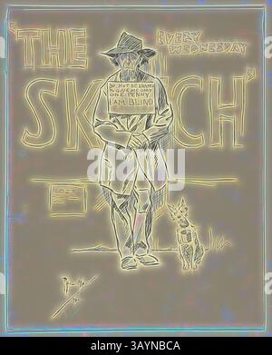 Una scena stravagante presenta una figura alta con un cartello, con un piccolo cane al fianco. La scritta in grassetto sopra è "THE SKETCH", mentre la figura si trova in posizione sicura, trasmettendo un'atmosfera giocosa e artistica. Beggar and Dog, 1894, Philipp William May, inglese, 1864-1903, Inghilterra, penna e inchiostro nero con matita blu, su tracce di grafite, su carta tessuta, 278 x 223 mm arte classica con un tocco moderno reinventata da Artotop Foto Stock