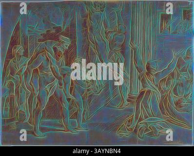 Una scena dinamica che raffigura figure in varie pose, mostrando una miscela di emozione e movimento umano, con un senso di dramma e interazione tra di loro. La composizione presenta sia forza che vulnerabilità, in uno sfondo architettonico. Fuoco nel Borgo (recto), piccolo schizzo del fuoco nel Borgo (verso), 1726/1750, Ottaviano Dandini (1706-1750), dopo Raffaello Sanzio, chiamato Raffaello (italiano, 1483-1520), Italia, gesso rosso (recto e verso) su carta posata in avorio, 374 x 503 mm (max.) Arte classica con un tocco moderno reinventata da Artotop Foto Stock