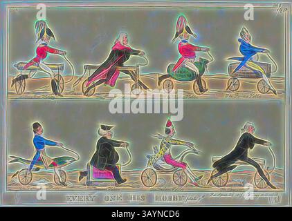 Un'illustrazione stravagante che mostra un gruppo eterogeneo di personaggi in bicicletta, ognuno vestito in modo unico e impegnato nel proprio passatempo. La scena è divisa in due file, che mostrano una varietà di hobby ed espressioni giocose, sottolineando la gioia delle attività individuali. La didascalia in fondo dice: "OGNUNO IL SUO HOBBY. Everyone Hobby, plate 1, pubblicato il 24 aprile 1819, attribuito a William Heath (inglese, 1794-1840), pubblicato da Thomas Tegg (inglese, 1776-1845), Inghilterra, incisione colorata a mano su carta tessuta avorio, 219 x 313 mm (immagine), 228 x 324 mm (foglio, rifilato all'interno del platemark Foto Stock