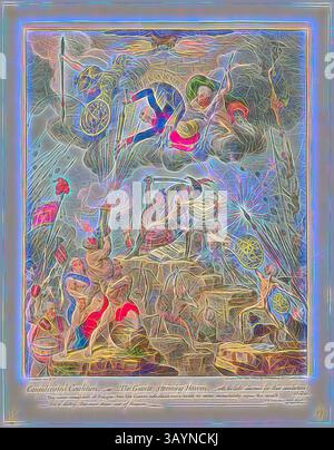 Un'intricata illustrazione raffigura una scena celeste piena di figure dinamiche impegnate in varie azioni. Gli esseri eterei si innalzano sopra, circondati da motivi e simboli vivaci. La composizione trasmette un senso di movimento e grandezza, mettendo in mostra l'interazione tra elementi divini ed esperienze umane. Confederated Coalition, pubblicato il 24 aprile 1804, James Gillray (inglese, 1756-1815), pubblicato da Hannah Humphrey (inglese, c. 1745-1818), Inghilterra, incisione colorata a mano su carta, 400 x 323 mm (immagine), 460 x 338 mm (piastra), 478 x 372 mm (foglio) Arte classica con un tocco moderno reinventata da Foto Stock