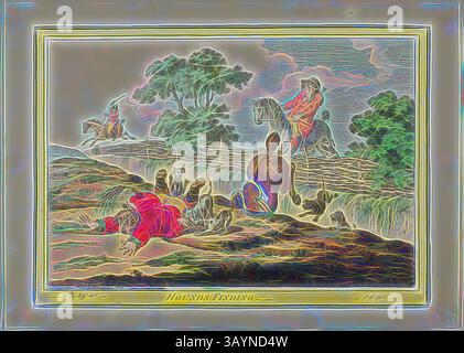 Una scena drammatica raffigurante un gruppo di figure in un ambiente pastorale; una figura giace a terra, mentre altre sembrano essere impegnate in un momento di tensione, forse coinvolgendo un cavallo. Il paesaggio circostante presenta alberi e dolci colline, che aggiungono profondità alla composizione. Hounds Finding, pubblicato l'8 aprile 1800, James Gillray (inglese, 1756-1815), dopo Brownlow North (inglese, 1778-1829), Inghilterra, incisione colorata a mano su carta, 245 x 345 mm (immagine), 250 x 350 mm (piastra), 285 x 400 mm (foglio) Arte classica con un tocco moderno reinventata da Artotop Foto Stock