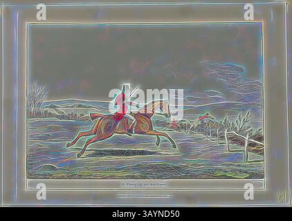 Un cavaliere con un abbigliamento vivace guida abilmente un cavallo al galoppo attraverso un paesaggio aperto, con una recinzione lontana e alberi che creano uno sfondo dinamico. La scena cattura un senso di movimento e di avventura. Charging an Ox-fence, Plate Three from indispensable Achievements, pubblicato il 24 giugno 1811, Sir Robert Frankland (inglese, 1784-1849), pubblicato da Hannah Humphrey (inglese, c. 1745-1818), Inghilterra, incisione colorata a mano su carta, 190 x 270 mm (immagine), 214 x 294 mm (piatto), 230 x 325 mm (foglio) Arte classica con un tocco moderno reinventato da Artotop Foto Stock