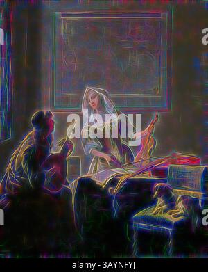 Una tranquilla scena domestica raffigura una donna impegnata nella lavorazione mentre un uomo suona un liuto nelle vicinanze, il tutto avvolto in un'atmosfera da sogno e vivace. La luce soffusa bagna la sala, evidenziando l'intima connessione tra i personaggi e le loro attività artistiche. The Music Lesson, 1671, Jacob Ochtervelt, olandese, 1634-1682, Olanda, olio su tela, 80,2 x 65,5 cm (31 x 25 3/16 poll.) Arte classica con un tocco moderno reinventata da Artotop Foto Stock