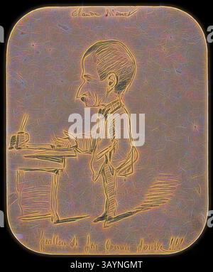 Una caricatura stilizzata di un gentiluomo in abbigliamento formale, in piedi su una scrivania con un quill in mano. La figura presenta caratteristiche facciali esagerate, tra cui un naso prominente e un mento pronunciato, conferendogli un tocco artistico stravagante. Lo sfondo è leggermente strutturato, migliorando l'effetto complessivo dell'illustrazione. Caricatura di un uomo in piedi per scrivania (recto), Sketch of male Head in Profile (verso), 1855/56, Claude Monet, francese, 1840-1926, Francia, grafite (recto e verso) su carta a tessitura d'avorio preparata in commercio (scolorita per abbronzatura), 203 x 166 mm arte classica con un tocco moderno reinventata Foto Stock