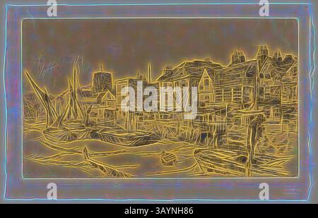 Una scena costiera caratterizzata da una collezione di pittoreschi edifici che costeggiano la riva, con barche che riposano dolcemente nell'acqua e un'atmosfera serena che fonde fascino architettonico con bellezza naturale. The Adam and Eve, Old Chelsea, 1878, James McNeill Whistler, americano, 1834-1903, Stati Uniti, incisione e asciugatura in inchiostro nero su carta giapponese crema, 174 x 302 mm (piatto), 215 x 332 (foglio) Arte classica con un tocco moderno reinventata da Artotop Foto Stock