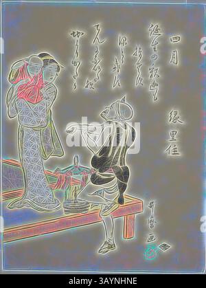 Due figure elegantemente vestite conversano, mentre un musicista seduto suona un flauto. La scena trasuda un'atmosfera di tradizione e arte, impreziosita da fantasie intricate e sfumature delicate. Il testo calligrafico adorna lo sfondo, aggiungendo una narrazione culturale alla composizione. The Fourth Month (Shigatsu), da una serie senza titolo di scene di genere nei dodici mesi, con poesie kyoka, c. 1792/93, Kitagawa Utamaro 喜多川 歌麿, Japanese, 1753 (?)-1806, Japan, Color Woodblock print, coprimozzo, 24,6 x 18,8 cm (7/8 x 5/16 poll.) Arte classica con un tocco moderno reinventata da Artotop Foto Stock