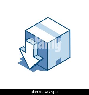 icona lineare vettoriale isometrica della casella e freccia verso il basso, a colori su sfondo bianco, per l'emissione o l'invio di pacchi per posta Illustrazione Vettoriale