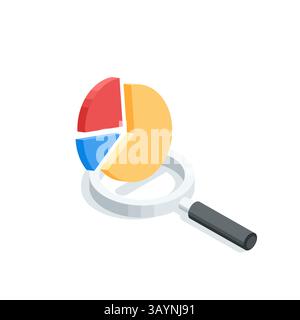 icona isometrica del grafico circolare in lente di ingrandimento, a colori su sfondo bianco, per l'analisi o le statistiche finanziarie Illustrazione Vettoriale