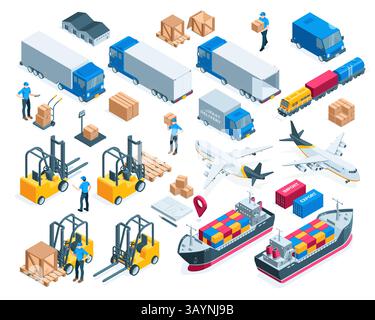 ampio set isometrico di trasporti e lavoratori per il trasporto di merci e lavori in magazzino, a colori su sfondo bianco, camion e treni, oltre che Illustrazione Vettoriale
