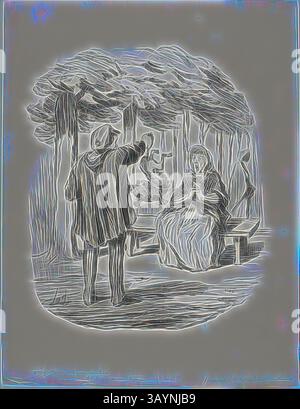 Una figura si erge con una mano tesa in una radura forestale, di fronte a una donna seduta che guarda con attenzione. Intorno a loro ci sono alberi stilizzati che creano un'atmosfera serena ma misteriosa nella scena. E' questo il vostro cane qui?, piatto 20 di Tout CE Qu'on Voudra, 4 novembre 1847, Honoré Victorin Daumier, francese, 1808-1879, Francia, litografia in carta nera su tessuto bianco, 267 x 228 mm (immagine), 360 x 278 mm (foglio) Arte classica con un tocco moderno reinventata da Artotop Foto Stock