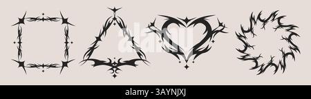 Cornici per tatuaggi tribali neonatali isolate sullo sfondo. Illustrazione vettoriale realistica di quadrati gotici, triangoli, cuore, bordi circolari, simboli a inchiostro nero, decorazioni streetwear grunge, elementi graffiti Illustrazione Vettoriale