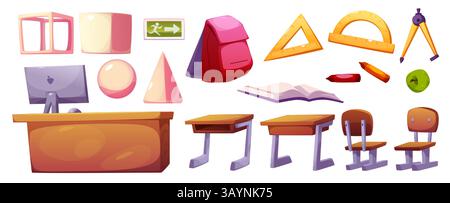 Set di elementi interni della classe scolastica - mobili e forniture per cartoni animati, tra cui scrivanie e sedie per studenti, tavolo per insegnanti, zaini e forme geometriche. Collezione di oggetti spaziali didattici Illustrazione Vettoriale