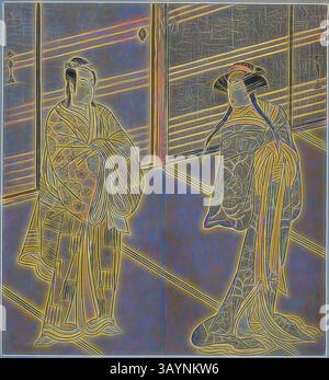 Due figure elegantemente vestite dialogano con abiti tradizionali, circondate da un ambiente che suggerisce tranquillità e ricchezza culturale. I motivi intricati dei loro capi si distinguono, suggerendo un momento di scambio casuale in un ambiente sereno. Gli attori Segawa Kikunojo III nel ruolo dello Spirito di Joro-gumo (Harlot Spider) travestito da Maiko Tsumagiku (destra), e Ichikawa Monnosuke II nel ruolo di Urabe no Suetake (sinistra), nello spettacolo Shitenno Tonoi no Kisewata, eseguito al Nakamura Theater nell'undicesimo mese, 1781, c. 1781, Katsukawa Shunsho 勝川 春章, giapponese, 1726-1792 Foto Stock