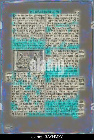 Una pagina del manoscritto miniata presenta testo in stile classico, intervallato da illustrazioni dettagliate. La sceneggiatura appare densa, con elementi decorativi che evidenziano sezioni specifiche, conferendo un'atmosfera storica e accademica al contenuto. Foglia di Pontificale Romanum, lastra 91 da xilografie di libri del XVI secolo, 1572, assemblata nel portafoglio 1937, artista sconosciuto (italiano, XVI secolo), assemblata da Max Geisberg (svizzero, 1875-1943), Italia, Woodcut su carta, 57 x 82 mm (immagine), 289 x 211 mm (immagine/testo), 359 x 248 mm (foglio) Arte classica con un tocco moderno reinventato da Foto Stock