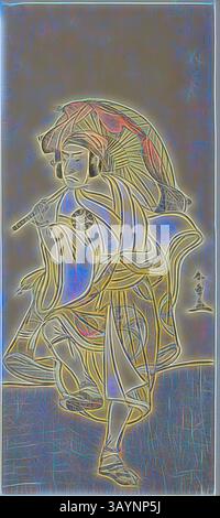 Una figura in abbigliamento tradizionale posa elegantemente con un ombrello, mostrando motivi intricati e colori vibranti che mettono in risalto elementi culturali e fascino artistico. L'attore Nakamura Nakazo i nel ruolo di Onmaya Kisanda travestito da danzatore di leoni Kakubei nella commedia Chigo Torii Tobiiri Kitsune, eseguita al Teatro Ichimura nell'undicesimo mese, 1777, c. 1777, Katsukawa Shunsho 勝川 春章, Japanese, 1726-1792, Japan, Color woodblock print, hosoban, un foglio di quattro fogli, 32,8 x 14,3 cm (12 15/16 x 5 5/8 poll.) Arte classica con un tocco moderno reinventata da Artotop Foto Stock
