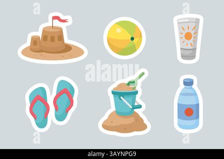 Set di adesivi estivi. Adorabile collezione estiva di icone. Elementi dell'ora legale. Icone dei giochi da spiaggia. Adesivi per le vacanze al mare. Illustrazione vettoriale cartoni animati. Design piatto. Illustrazione Vettoriale