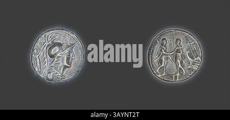 Due monete dal design complesso con motivi distinti: Una mostra il profilo di una figura adornata da un casco, mentre l'altra presenta una scena con due figure che si impegnano in un'interazione dinamica. I dettagli evidenziano una miscela di arte e simbolismo, che ricorda temi storici o culturali. Denario (moneta) raffigurante la dea Minerva, 87 a.C., Antica Italia (Confederazione Marsica), Samnium, Argento, Diam. Arte classica da 1,8 cm, 3,85 g con un tocco moderno reinventata da Artotop Foto Stock