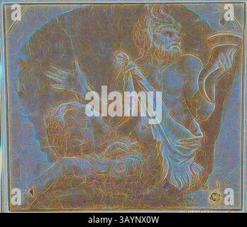 Rappresentazione dinamica di una figura che tiene in mano un vaso, avvolto in abiti che scorrono, trasudando energia ed emozione. Lo sfondo presenta trame astratte che migliorano il senso di profondità, aggiungendo un fascino mitico alla scena. Seated Faun Holding Cornucopia (recto), Sketch of Tree and House (verso), n.d., dopo Giulio Pippi, detto Giulio Romano, italiano, c. 1499-1546, Italia, pennello e lavaggio marrone, accentuato con guazzo bianco, e grafite (aggiunta in seguito) (recto), su carta posata in avorio, e grafite (verso), posata su carta panna, 198 x 228 mm Arte classica con un tocco moderno reinventata da Foto Stock